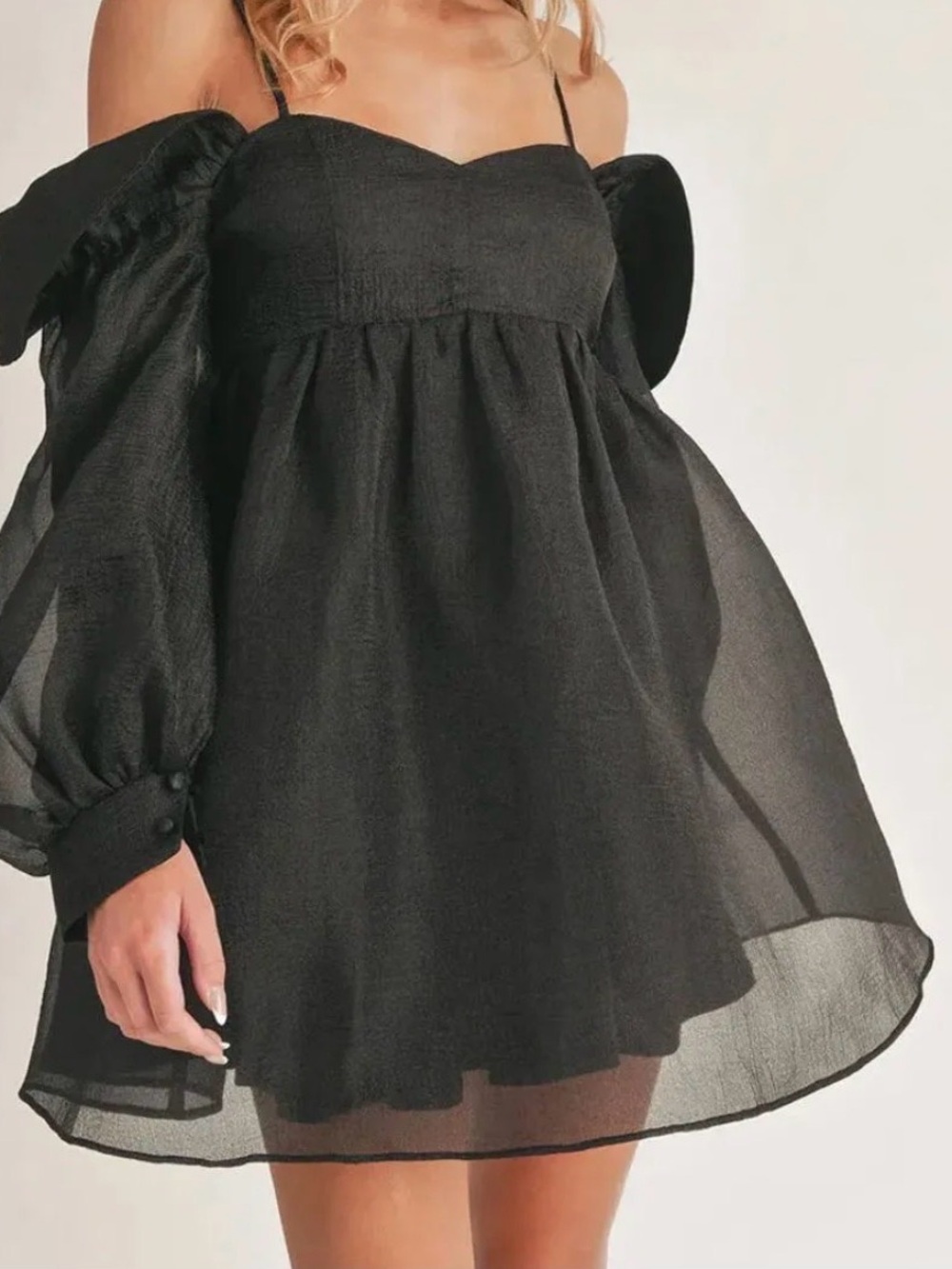 Black Off-Shoulder Mini Dress with Puff Sleeves and Adjustable Spaghetti Straps